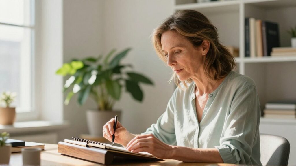 Mujer de mediana edad concentrada practicando un instrumento musical en un estudio luminoso y tranquilo.