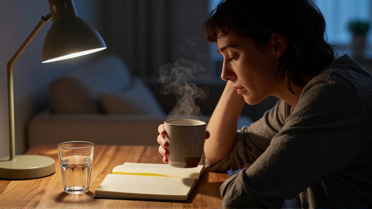 Persona con expresión de cansancio sosteniendo una taza humeante frente a un escritorio iluminado.