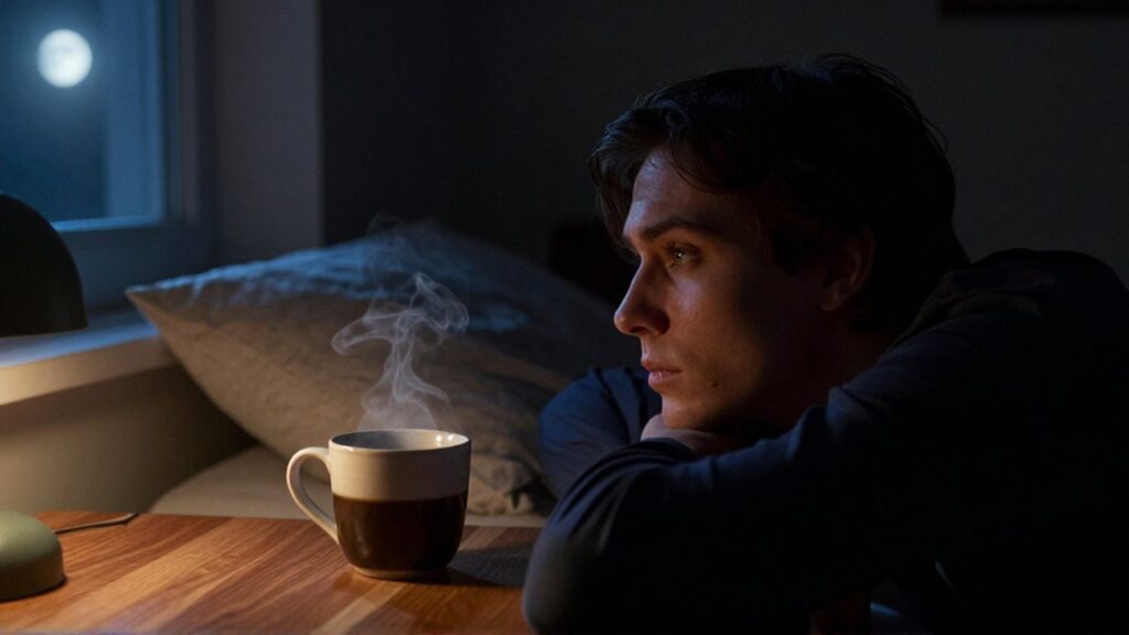 Una persona cansada mira fijamente una taza de café junto a una ventana con luz de luna.