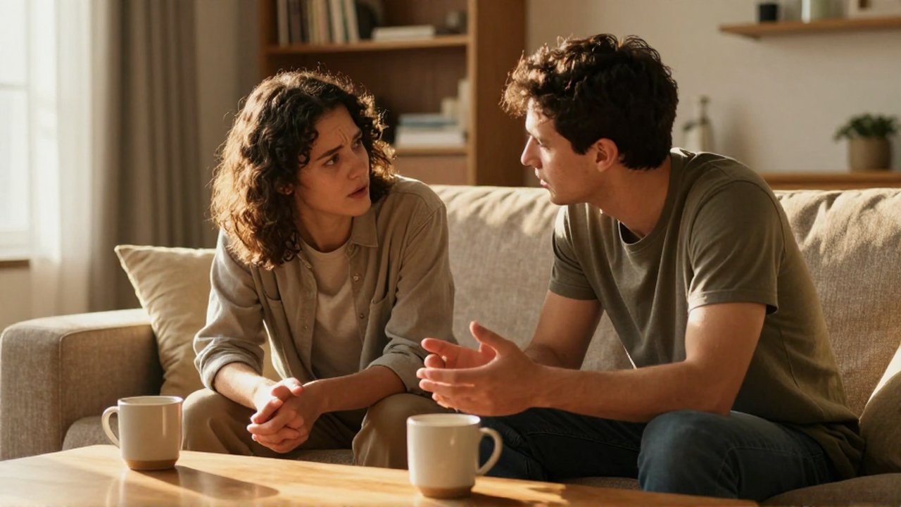 Dos amigos conversan con emoción sentados en un sofá cálido y acogedor.