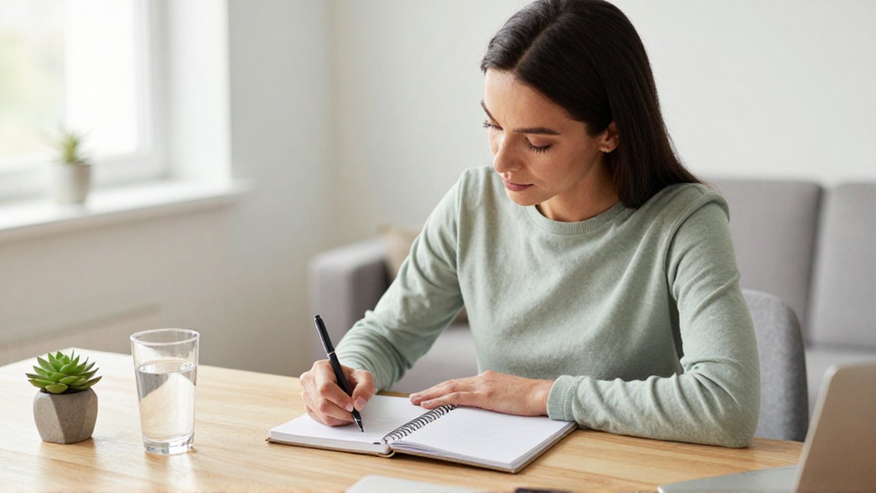 Mujer sentada en un escritorio ordenado escribiendo con calma en una agenda diaria.