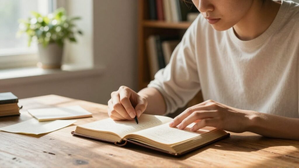 Persona sentada en un estudio iluminado leyendo atentamente un viejo diario de cuero.