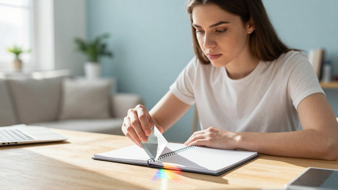 Una mujer observa con atención cómo la luz se refracta a través de un prisma sobre su escritorio.