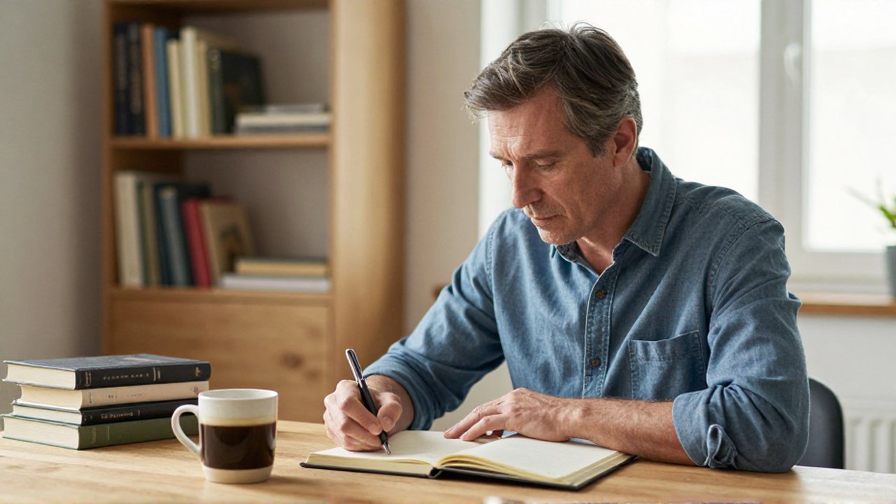 Hombre de mediana edad concentrado escribiendo en un cuaderno sobre un escritorio de madera iluminado por el sol.
