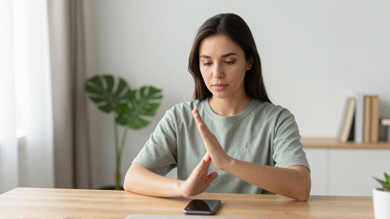 Persona tranquila en una oficina luminosa haciendo un gesto de pausa frente a su smartphone.