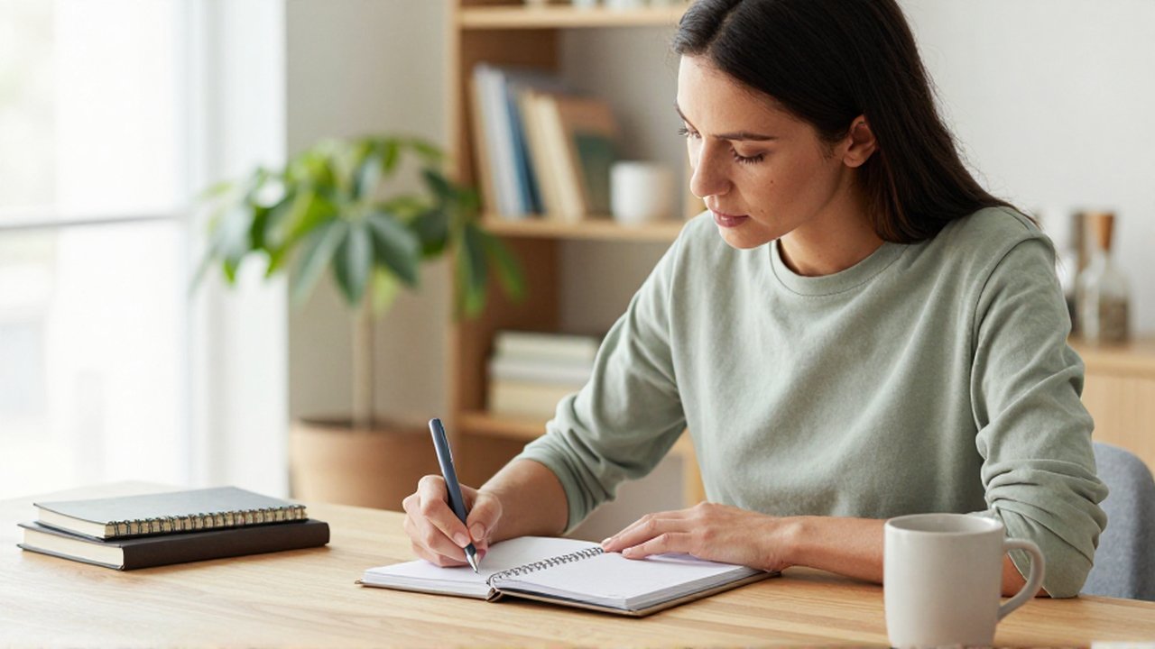 Una mujer profesional marca una lista de tareas en su agenda sobre un escritorio organizado.