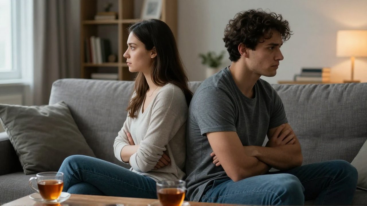 Pareja joven sentada en un sofá con expresiones tensas y brazos cruzados en una sala.
