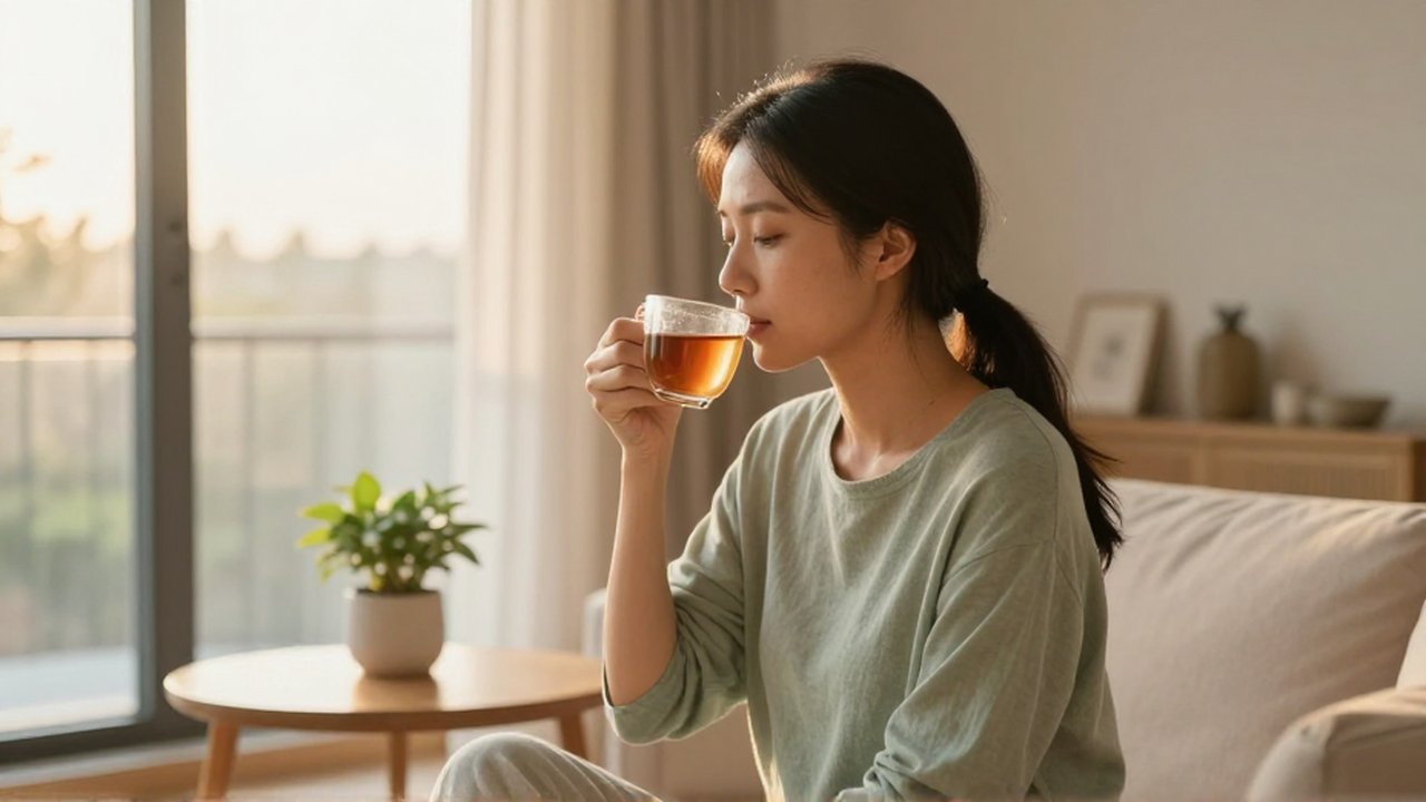 Mujer joven bebe té tranquilamente junto a una ventana iluminada por la luz del amanecer.