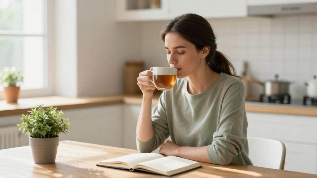 Mujer serena tomando té junto a un diario y una planta en una cocina iluminada.