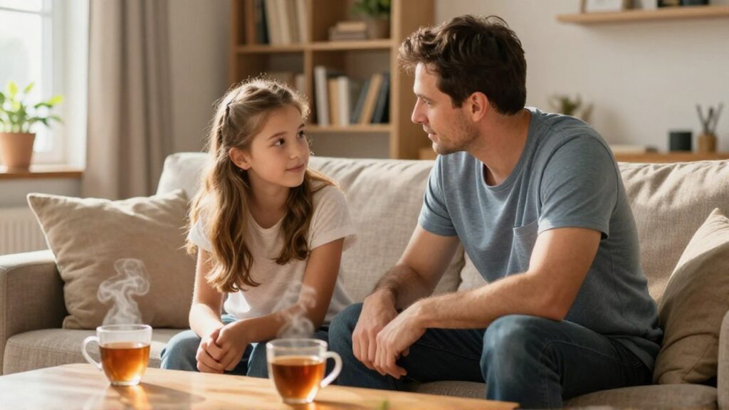 Un padre y su hija adolescente conversan atentamente sentados en un sofá en una sala iluminada.