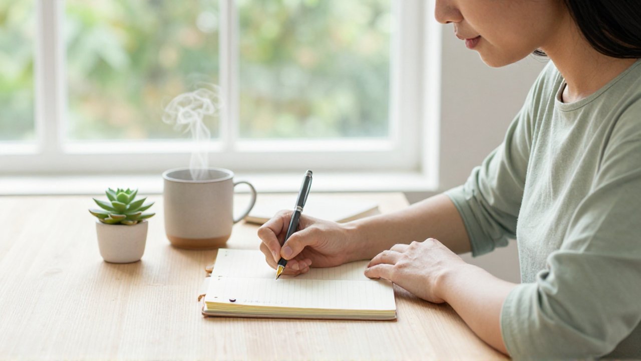 Persona tranquila escribiendo en un planificador sobre un escritorio ordenado en una oficina luminosa.