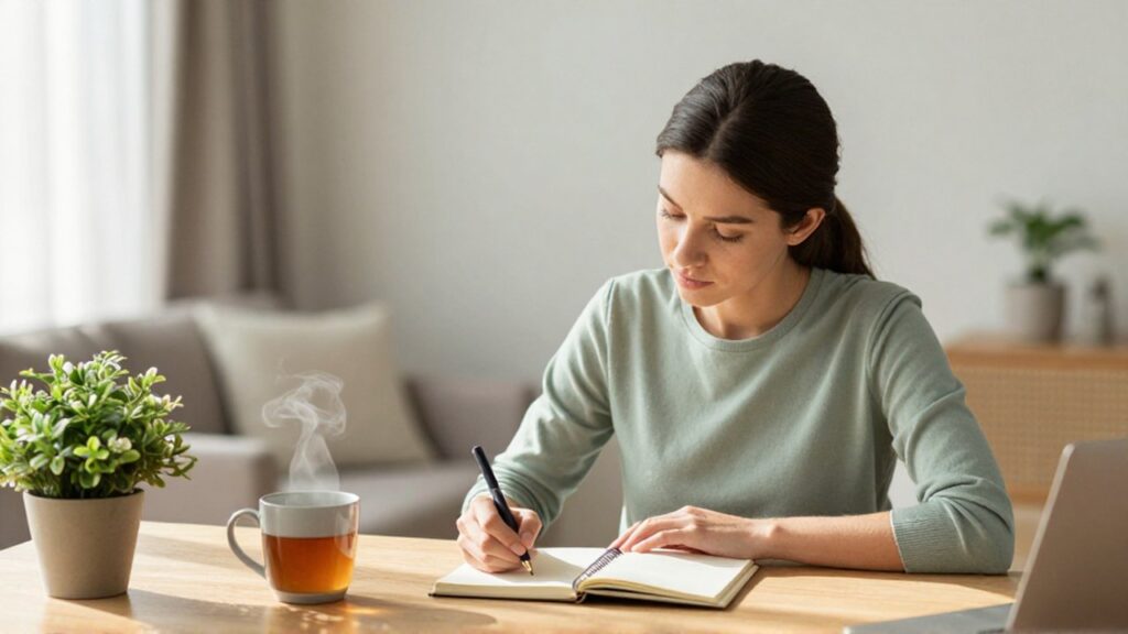 Mujer joven escribe con calma en su agenda sobre un escritorio ordenado y luminoso.