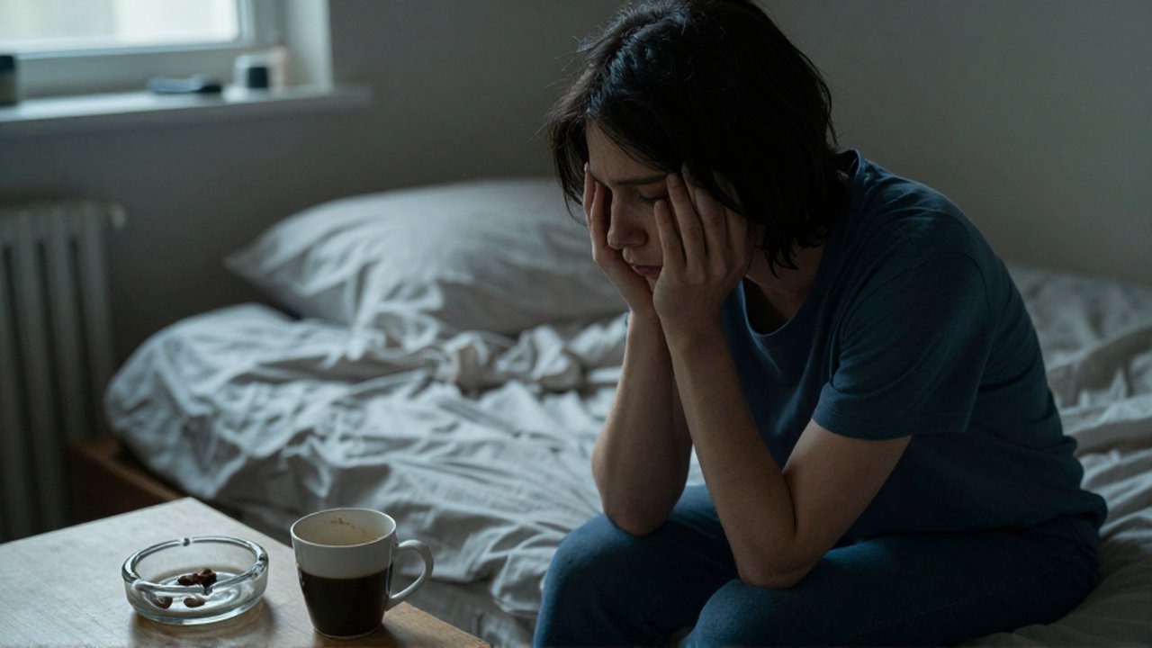 Persona exhausta sentada al borde de una cama deshecha en una habitación en penumbra.