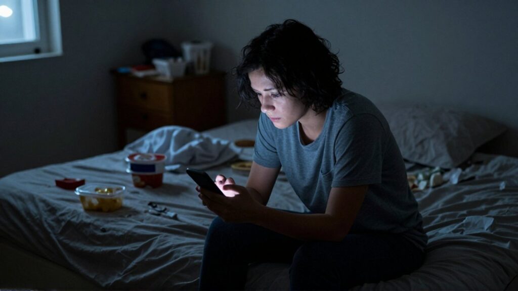 Persona solitaria sentada en una cama desordenada