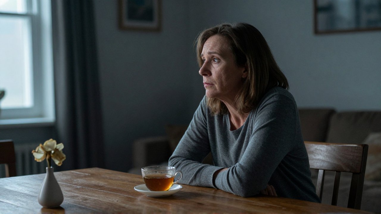 Mujer de mediana edad con expresión agotada sentada sola frente a una taza de té.