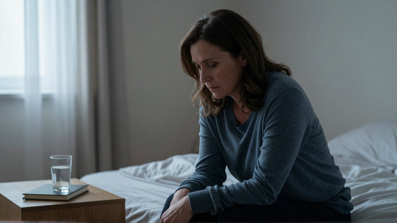 Mujer de mediana edad sentada sola en el borde de una cama, con expresión pensativa y melancólica.
