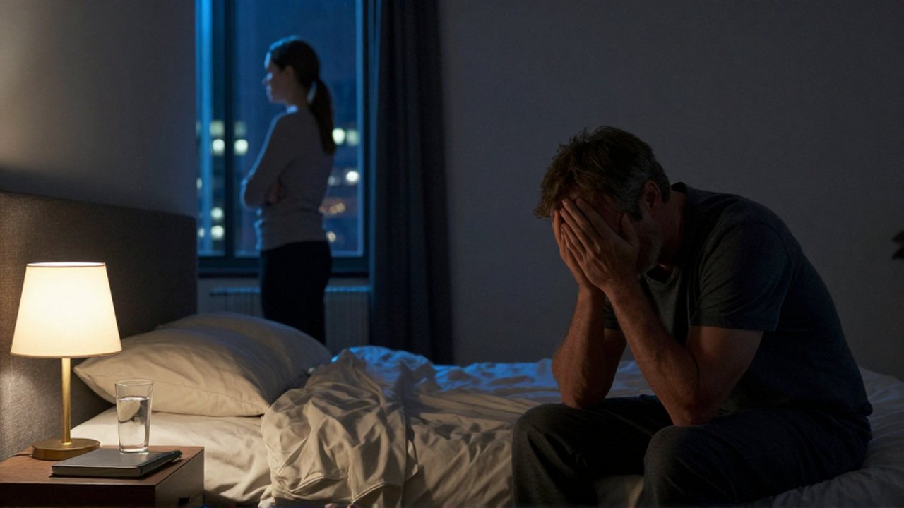 Un hombre sentado en la cama con la cabeza entre las manos, mientras una mujer observa por la ventana al fondo.