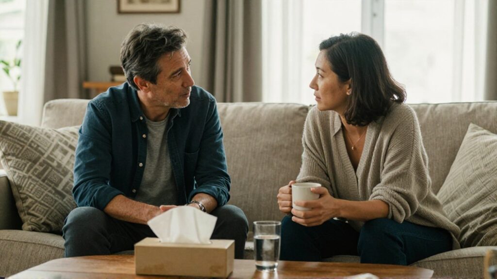 Pareja de mediana edad conversando con atención en una sala de estar de tonos cálidos.