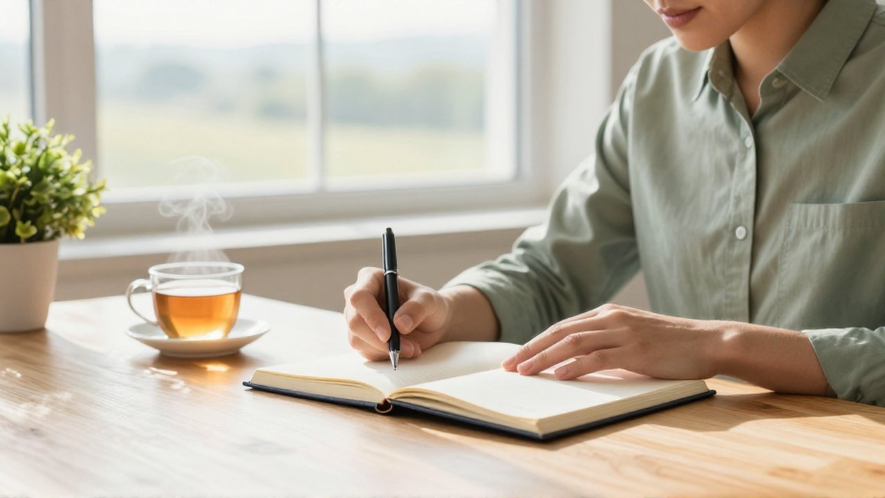 Persona sentada en un escritorio iluminado abriendo un diario con una taza de té al lado.
