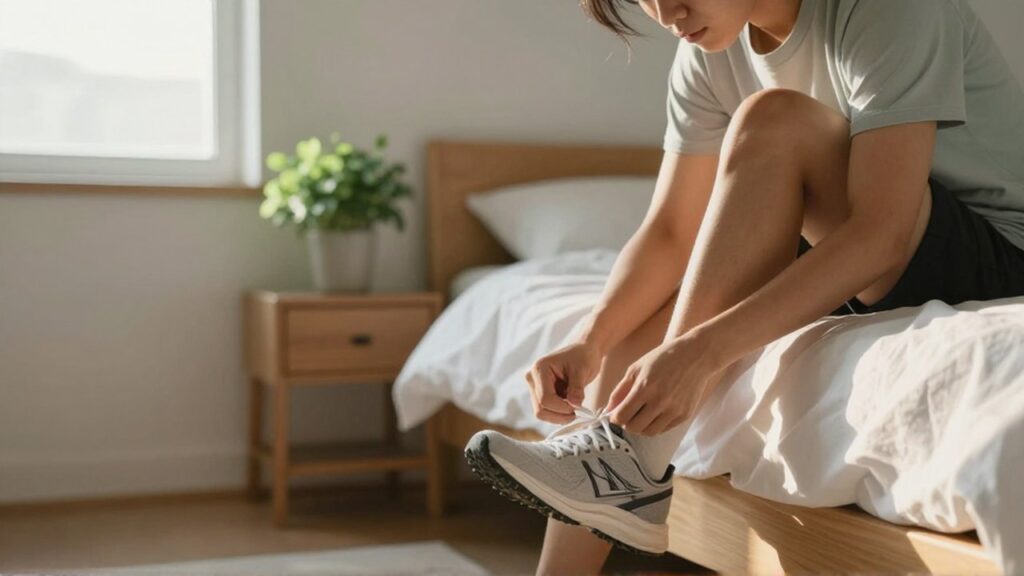 Persona concentrada atándose los cordones de sus zapatillas deportivas al borde de una cama iluminada por el sol.