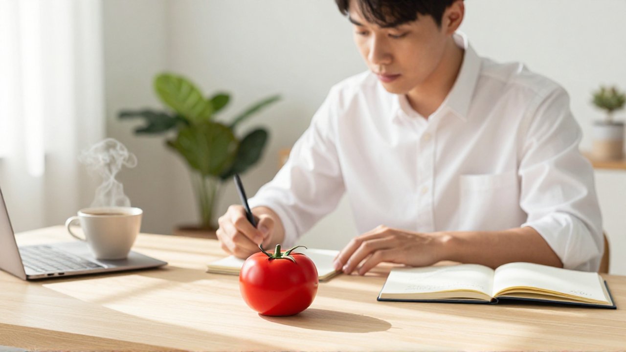 Joven profesional trabajando concentrado en un escritorio con un temporizador de tomate rojo al lado.