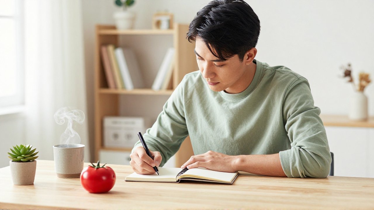 Joven profesional escribe concentrado en un cuaderno sobre un escritorio ordenado con un temporizador rojo.