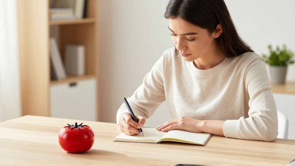 Mujer concentrada escribiendo en un cuaderno junto a un temporizador rojo de cocina.