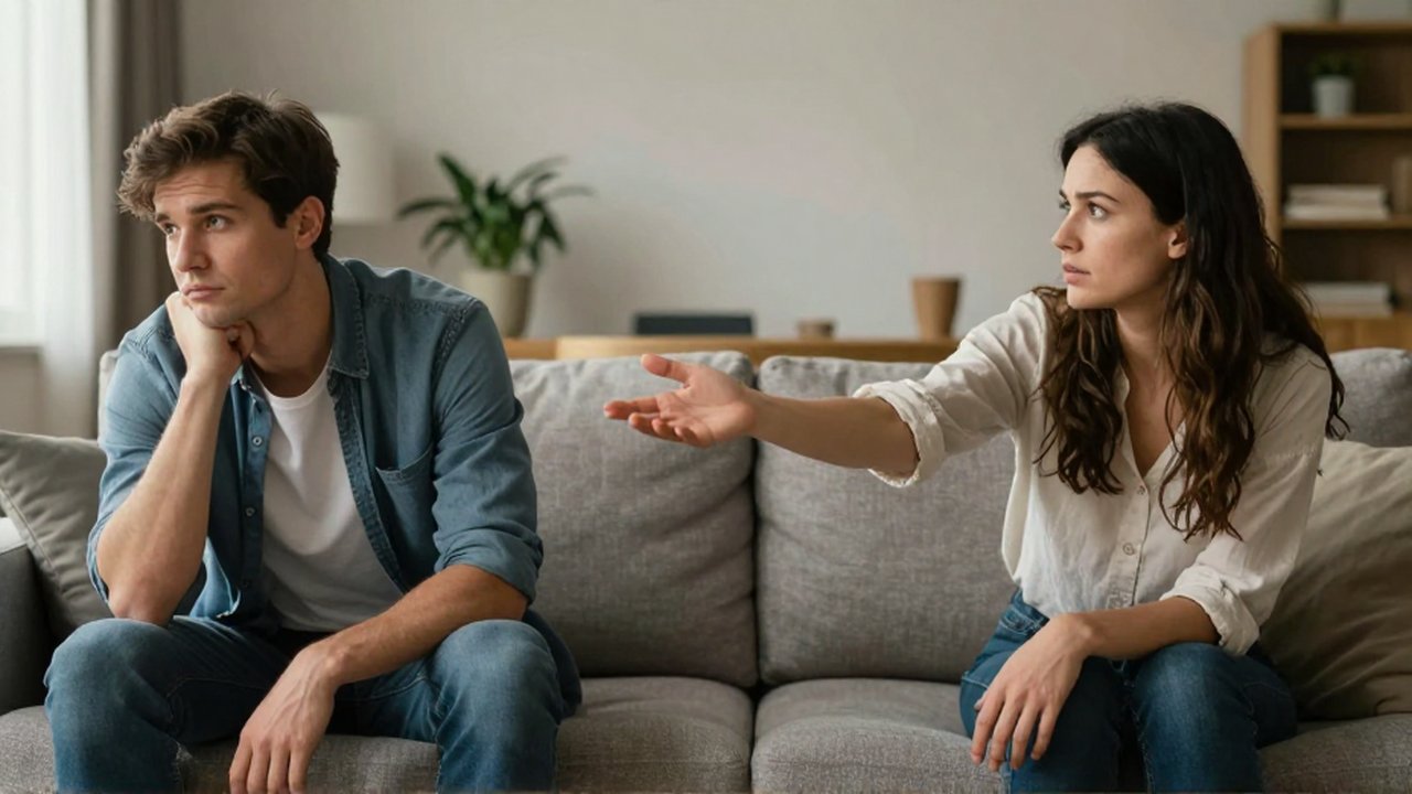 Pareja sentada en extremos opuestos de un sofá en una sala moderna, mostrando distanciamiento emocional.