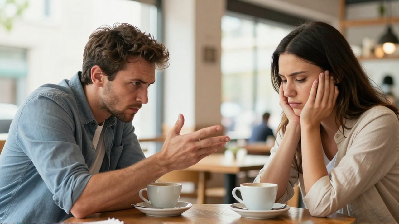 Un hombre gesticula agresivamente frente a una mujer que evita el contacto visual en una cafetería.