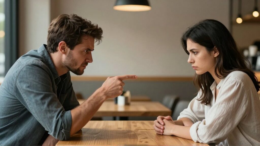 Un hombre señala con tensión a una mujer que permanece retraída en una mesa de café.