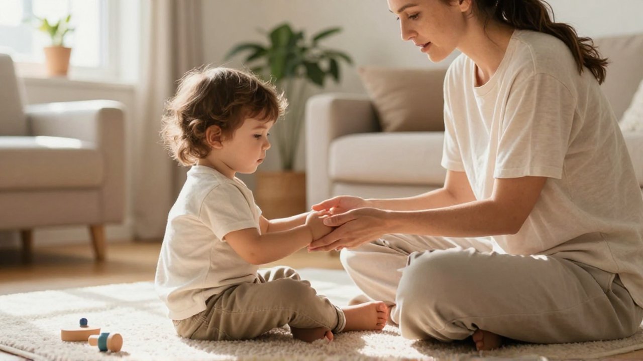 Una madre se sienta en el suelo para conversar con su hijo pequeño en una sala acogedora.