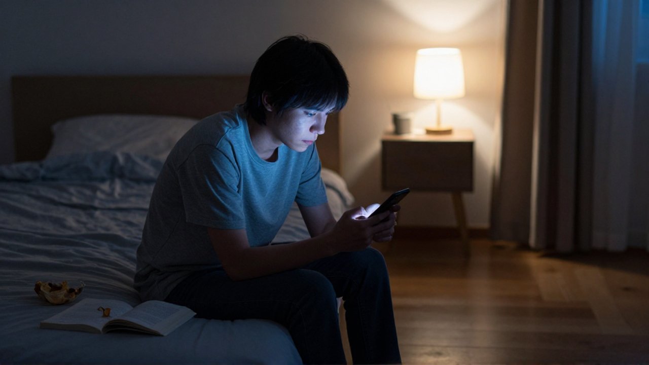 Una persona sentada en la cama mira fijamente su teléfono móvil en una habitación en penumbra.
