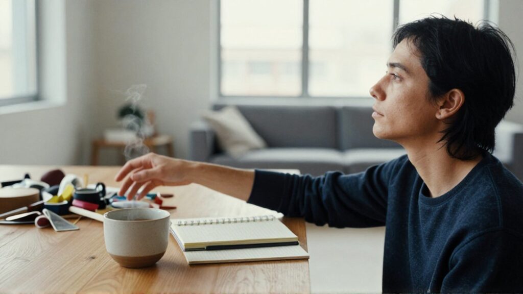 Persona en un momento de calma frente a un escritorio con té y libreta.