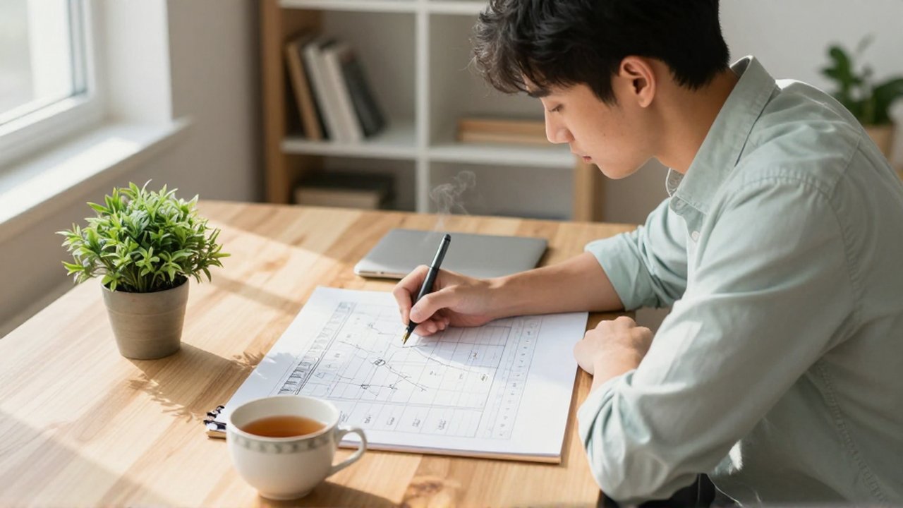Un joven profesional escribe un plan detallado en una agenda sobre un escritorio iluminado.