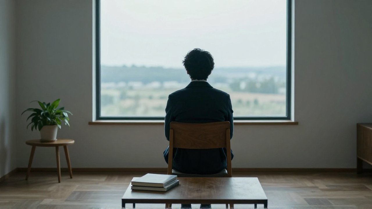 Persona sentada sola en una habitación minimalista, mirando pensativamente a través de un gran ventanal.