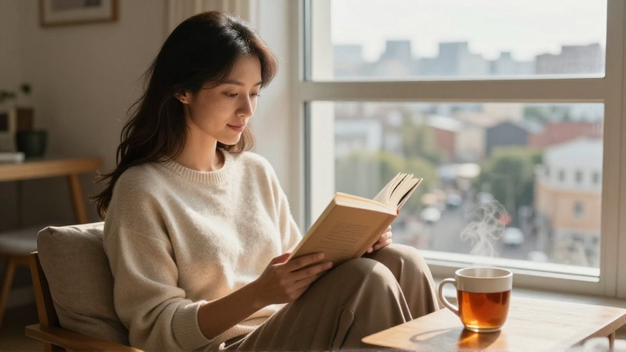 Mujer tranquila leyendo un libro en un rincón acogedor frente a una ventana con vistas a la ciudad.