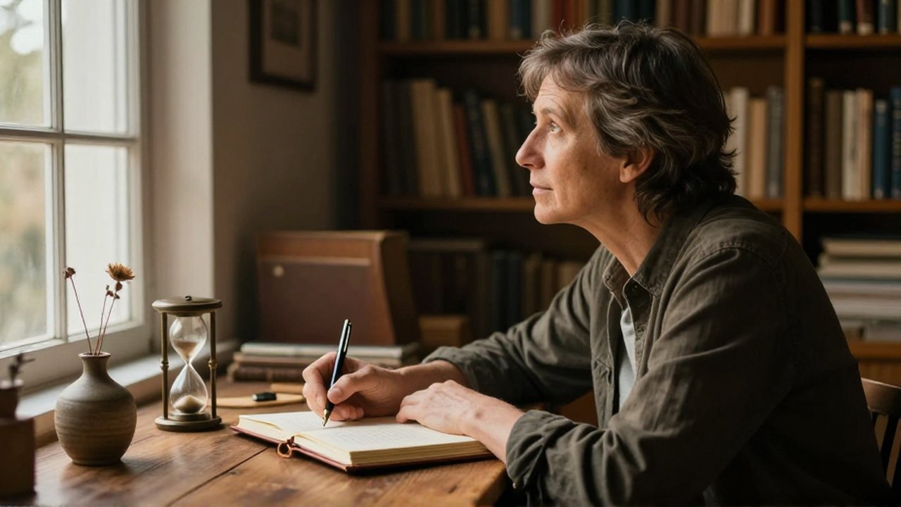 Persona de mediana edad escribiendo en un diario junto a una ventana iluminada por el sol.