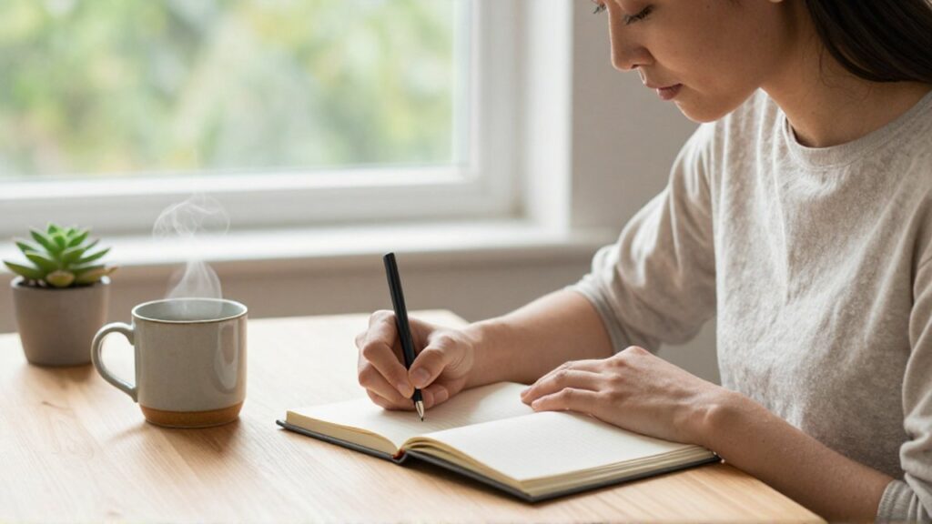 Persona concentrada escribiendo en un diario sobre un escritorio de madera en un ambiente luminoso y tranquilo.