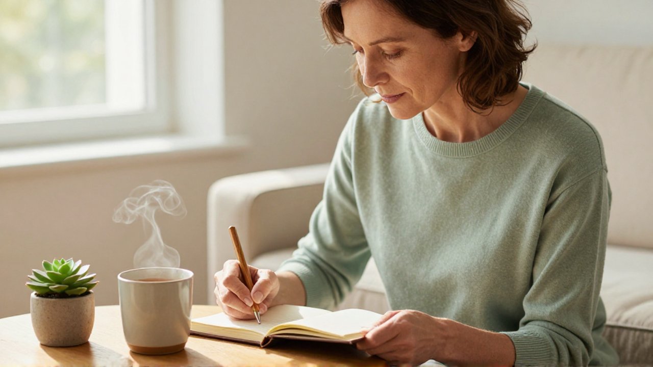 Una mujer de mediana edad escribe tranquilamente en un diario junto a una taza de té.