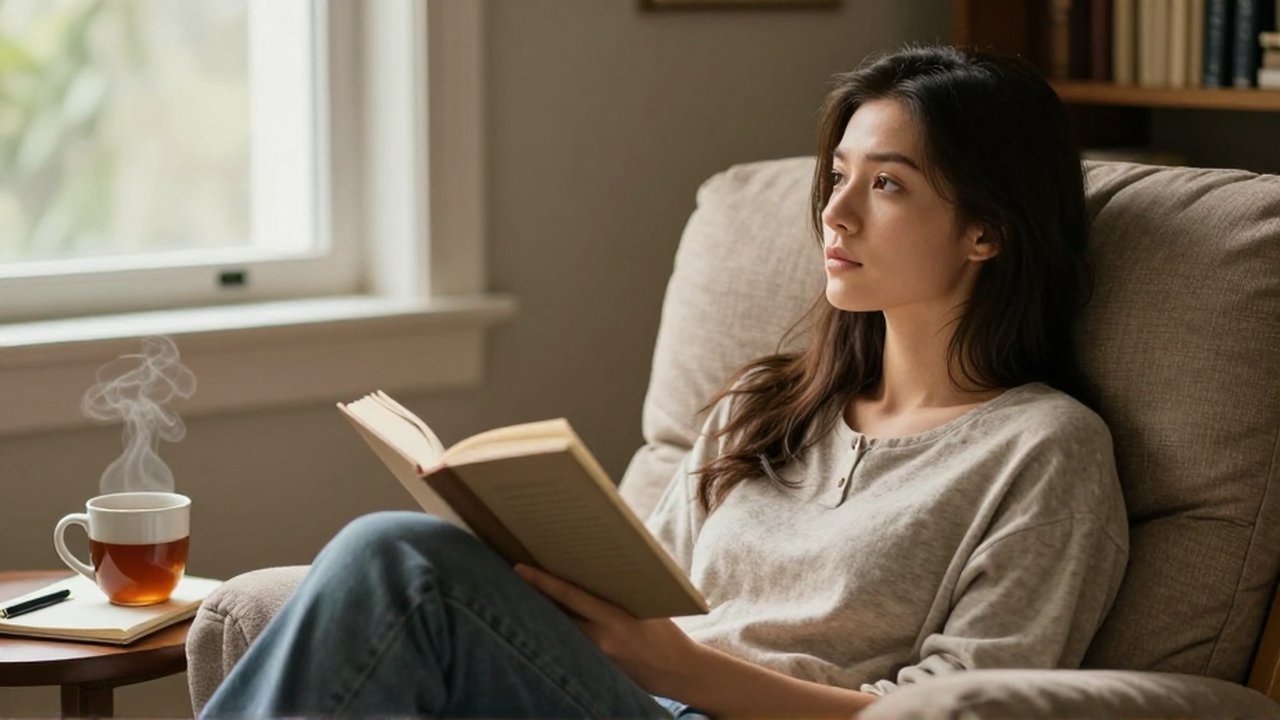 Mujer joven sentada en un sillón con un libro, mirando pensativa en un rincón de lectura iluminado.