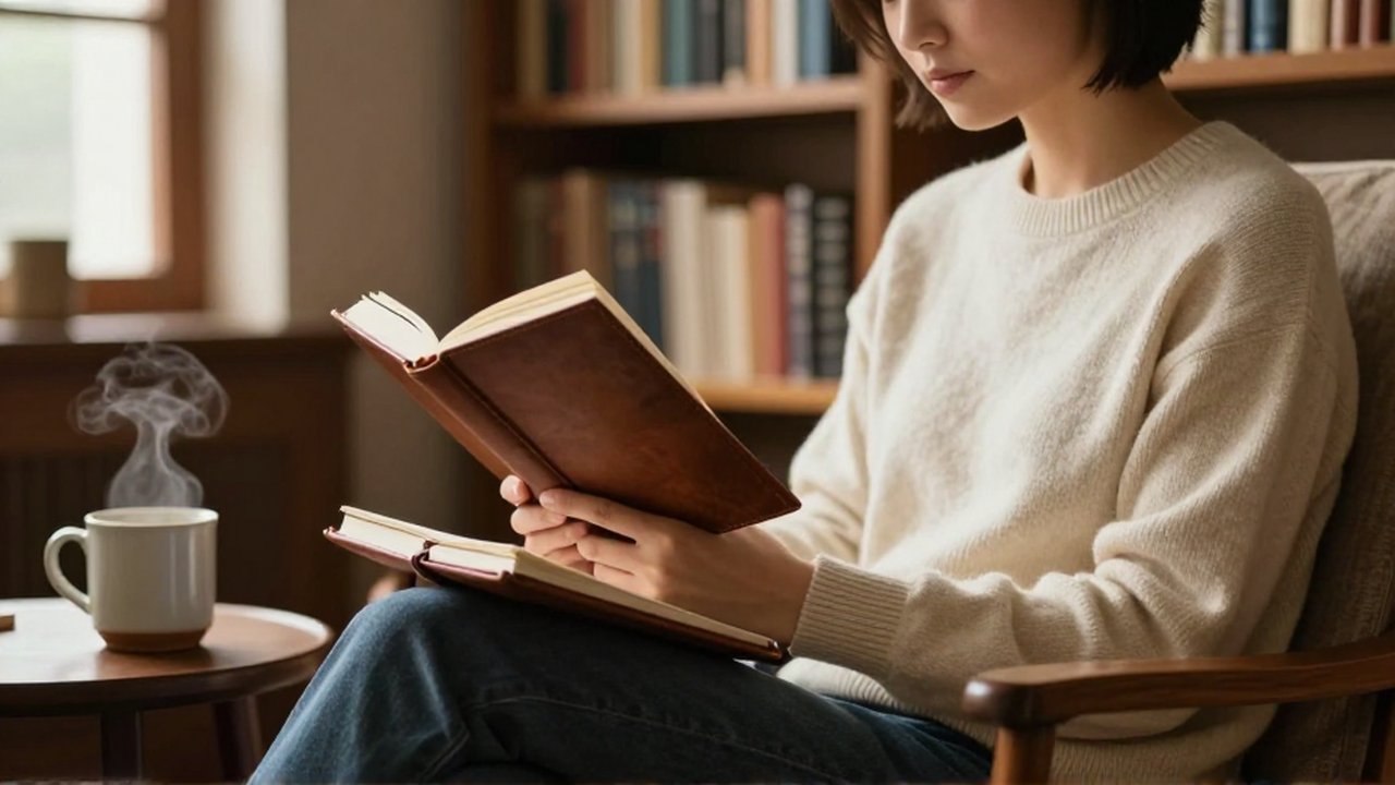 Persona concentrada leyendo un libro y tomando notas en un acogedor rincón de una biblioteca.