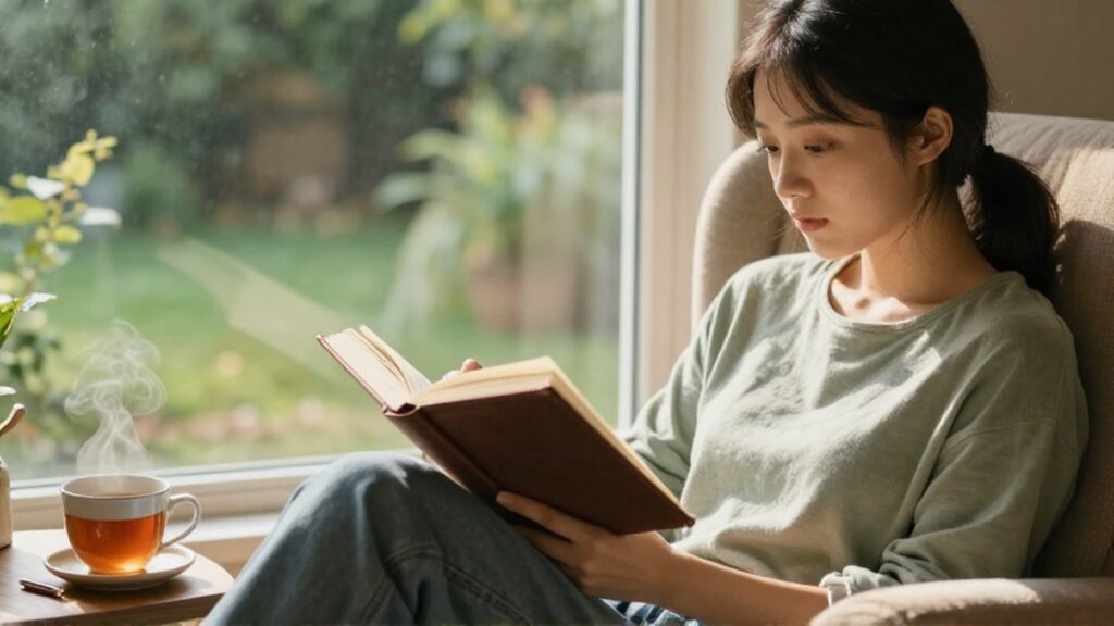 Una mujer joven lee un libro y toma notas en un rincón luminoso junto a una ventana.