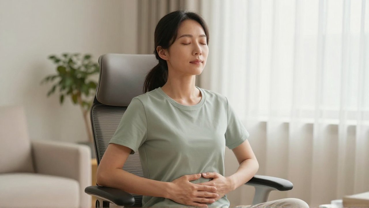 Mujer sentada en una silla ergonómica practicando respiración profunda en una sala luminosa y tranquila.