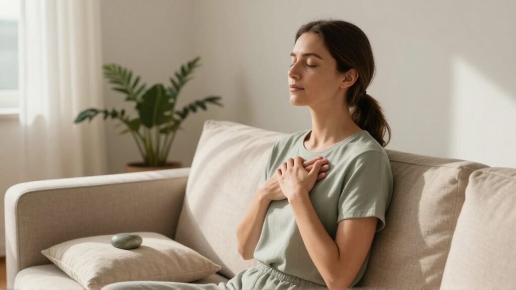 Mujer sentada con ojos cerrados realizando ejercicios de respiración en una sala luminosa y tranquila.