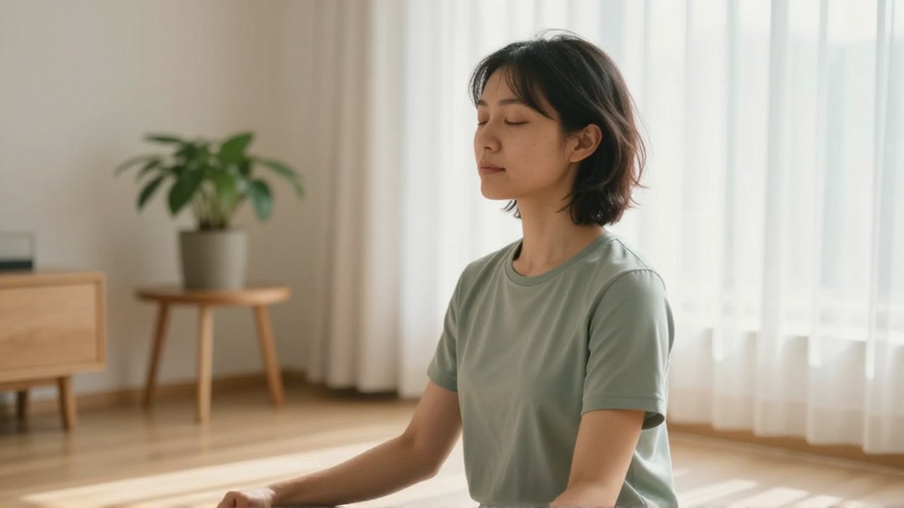 Persona sentada con los ojos cerrados meditando en una sala luminosa y minimalista.