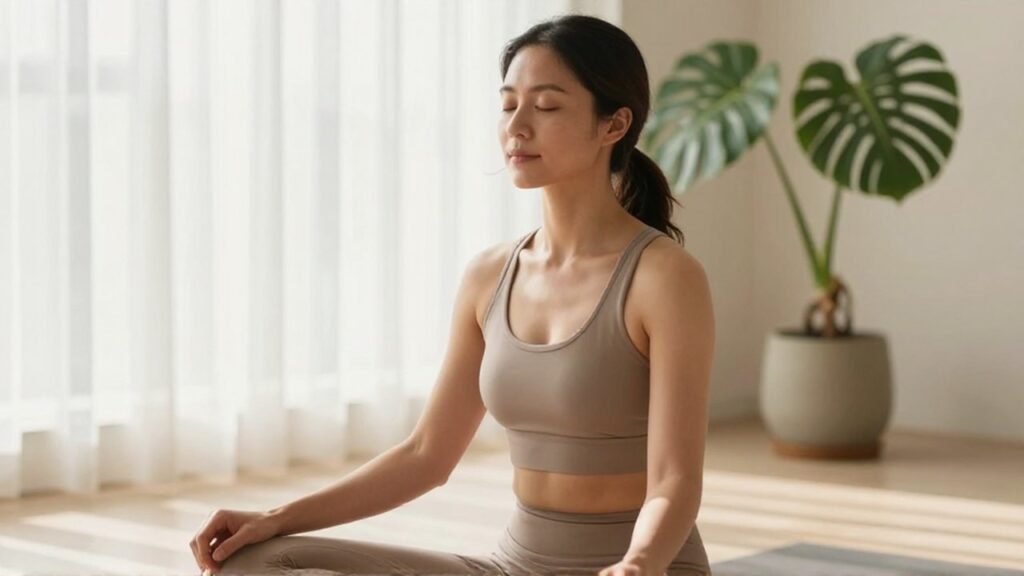 Mujer con ojos cerrados realizando ejercicios de respiración en una sala iluminada y minimalista.