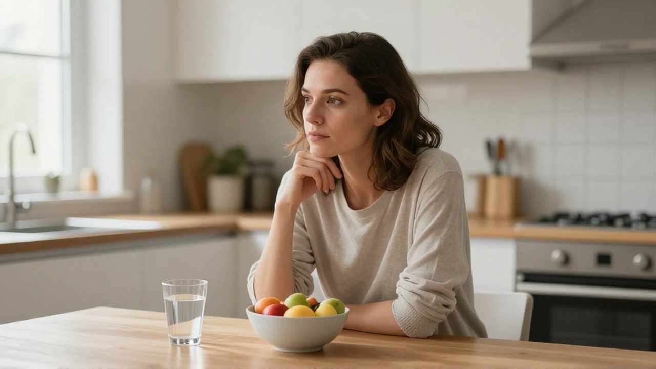 Una mujer pensativa en una cocina luminosa mira un cuenco de fruta con introspección.