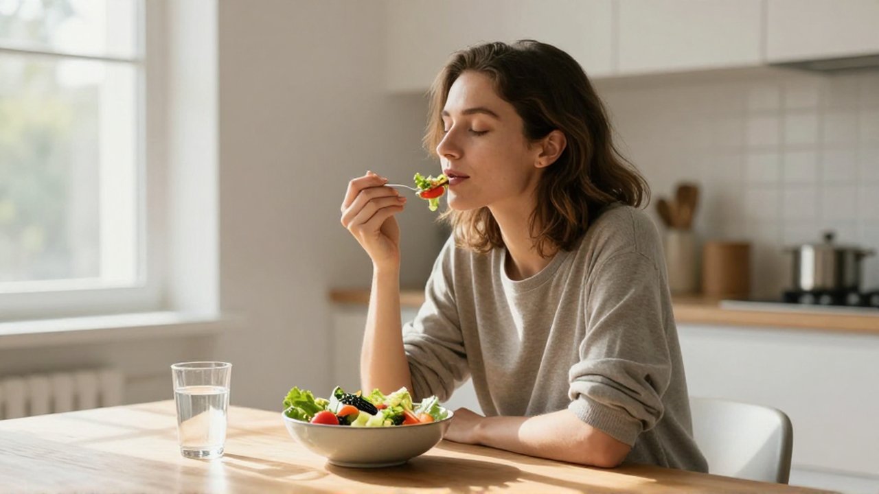 Mujer tranquila disfrutando de una ensalada colorida en una cocina luminosa y minimalista.