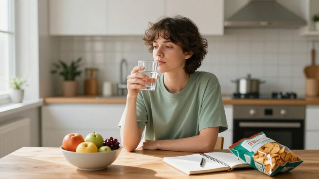 Persona sentada en una mesa de madera con un vaso de agua y fruta fresca.