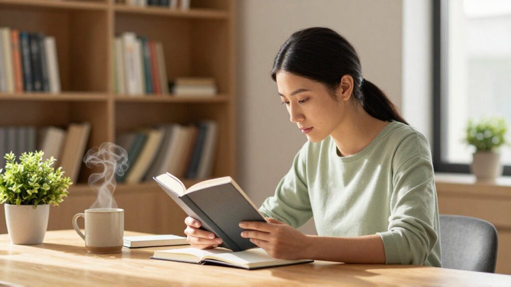 Mujer joven concentrada leyendo un libro y tomando notas en una biblioteca iluminada por el sol.
